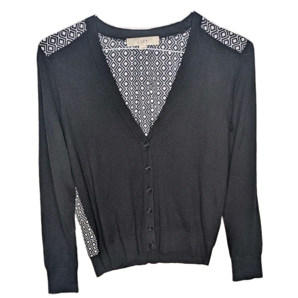 Ann Taylor Loft Womens Cardigan Small Ultra Lightweight Geometric Black ButtonUp